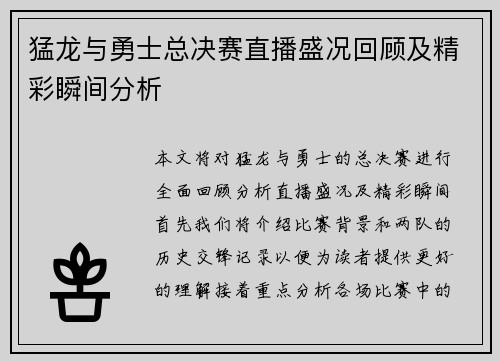 猛龙与勇士总决赛直播盛况回顾及精彩瞬间分析